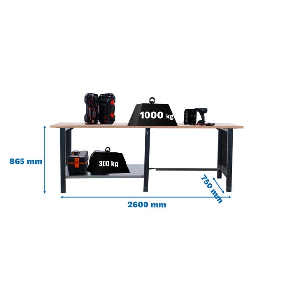 Werkbank BUFFALO WOOD | HxBxT 86,5x260x75cm | Traglast 1000kg | Anthrazit