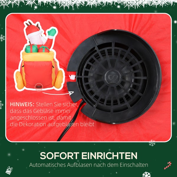 Detailansicht des Gebläses einer aufblasbaren Weihnachtsdekoration mit Weihnachtsmann im Schlitten und Hinweistext zum automatischen Aufblasen.
