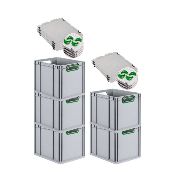 PROREGAL Spar Set 5x Eurobox Nextgen Color Mit Auflagedeckel & Schiebeschnappverschlüsse HxBxT 32 x 30 x 40 cm Griffe Grün Offen Glatter Boden