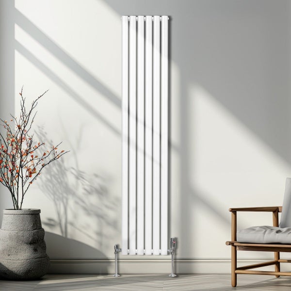 Oval Röhrenheizkörper & Chrom Thermostatventile – 1800mm x 360mm - Weiß