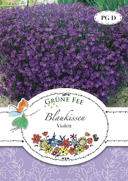 Blaukissen Grüne Fee Violett, blühende Polsterstaude. Grüne Fee Logo.
