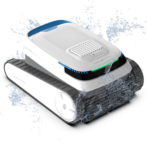 Automatischer Poolroboter von Pool Royal mit Raupenantrieb für Boden- und Wandreinigung, dargestellt mit Wasserspritzern.