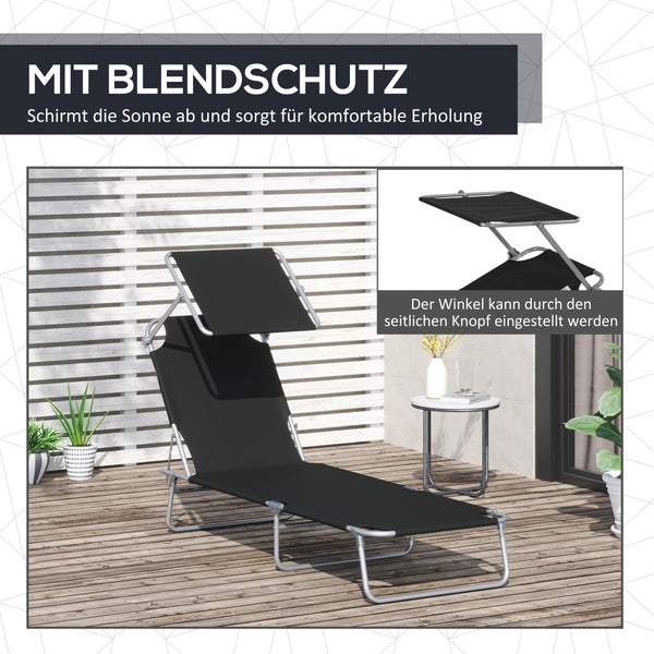 Outsunny Sonnenliege, klappbar, mit Sonnenschutz, 187 x 58 x 36 cm, Metall, Oxford-Gewebe, Schwarz