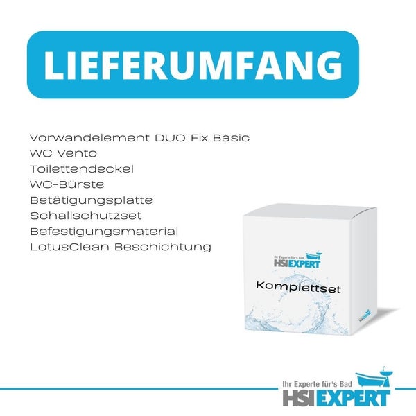 Lieferumfang eines Sanitär-Installationssystems mit Vorwandelement, WC, Toilettendeckel, WC-Bürste, Betätigungsplatte, Schallschutzset, Befestigungsmaterial und LotusClean Beschichtung.