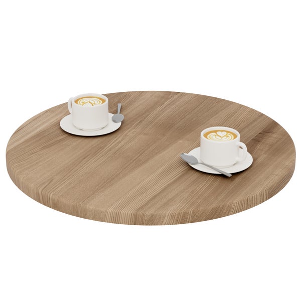 Runde Tischplatte aus Holz mit sichtbarer Maserung und zwei Tassen Kaffee.