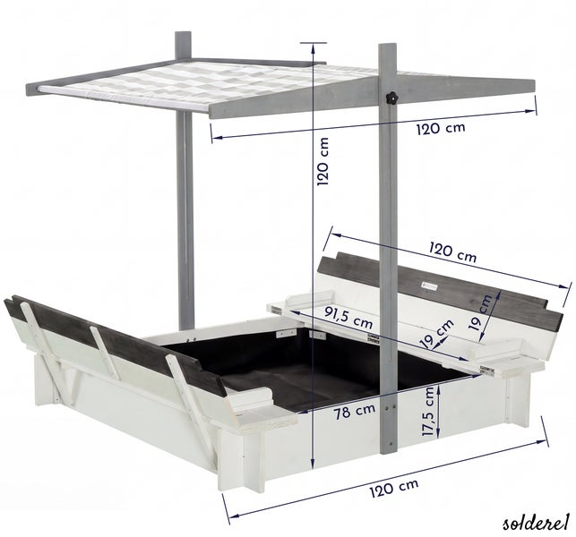 Holz-Sandkasten mit höhenverstellbarem Dach und zwei Sitzbänken, Maße 120 mal 120 mal 120 Zentimeter.