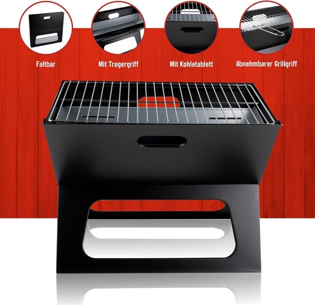 RESCH 502601 mobiler Holzkohle Grill klappbar Schwarz, Edelstahl Tischgrill tragbar, Holzkohlegrill ideal für unterwegs, 46x28x36 cm