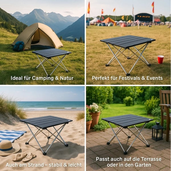 Vierer-Collage mit einem faltbaren Campingtisch in verschiedenen Umgebungen