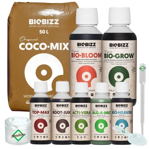 BioBizz Dünger- und Substrat-Set bestehend aus 50 Liter Coco-Mix, verschiedenen Flüssigdüngern, Messbecher, Pipette und Dosierlöffel.