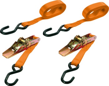 Set bestehend aus zwei Spanngurten mit Ratschen und Haken zur Ladungssicherung.