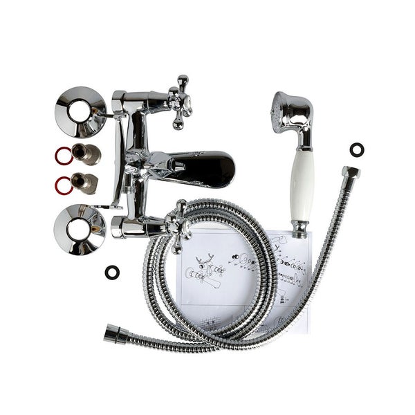 Retro-Badewannenarmatur-Set mit Zweigriffmischer, Handbrause, Brauseschlauch und Montagezubehör.