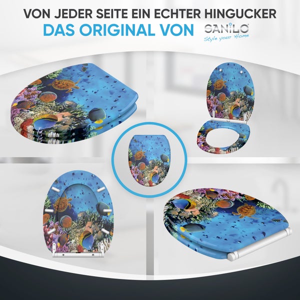 Sanilo WC-Sitz mit Unterwasser-Motiv in verschiedenen Ansichten, zeigt Korallen, Fische und eine Meeresschildkröte. Sanilo Logo.