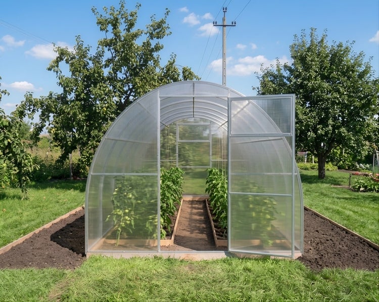 Ein gewölbtes Gewächshaus mit Hohlkammerstegplatten im Garten mit sichtbaren Pflanzenbeeten im Inneren.
