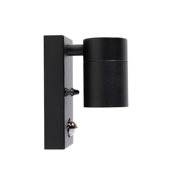 Außenwandleuchte mit Bewegungsmelder, zylindrischer Lampenkopf und rechteckige Wandhalterung, Schwarz.