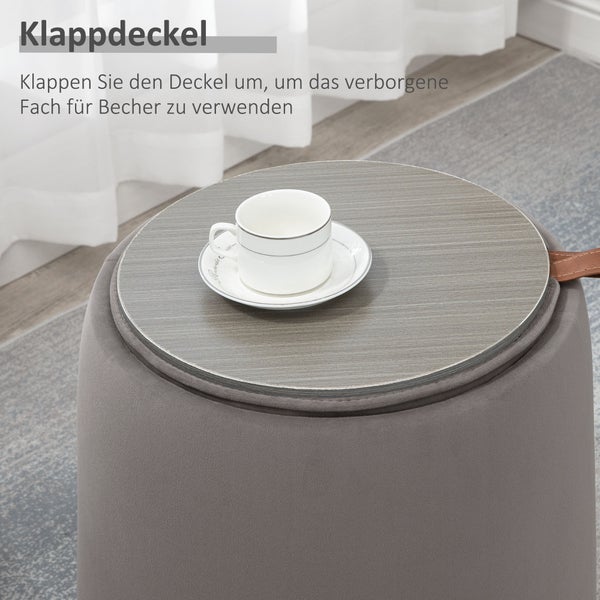 HOMCOM 2-in-1 Ottomane Sitzhocker Runde Polsterhocker Fußbank inklusive Stauraum, abnehmbaren Deckel in Samtoptik Beistelltisch für Wohnzimmer Schlafzimmer Dunkelgrau Ø44 cm x 47,5 cm