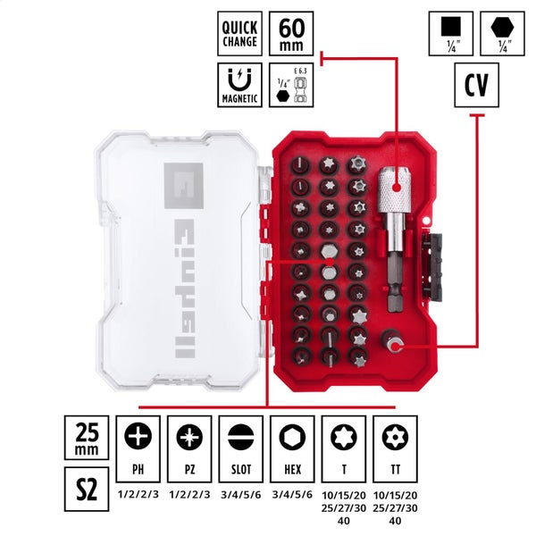 Einhell XS-CASE 32-tlg. Bit-Set (25-mm-Bits, 60-mm-Schnellwechselbithalter, Adapter mit Hex zu 1/4 Antrieb inkl. Aufbewahrungsbox)