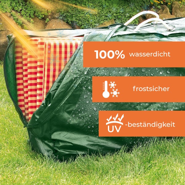 Grüne Aufbewahrungstasche für Sitzauflagen im Garten, 100 Prozent wasserdicht, frostsicher und UV-beständig.