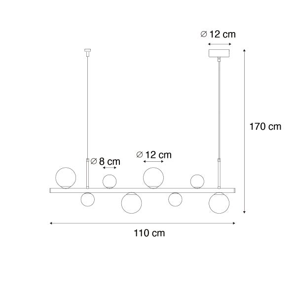 Technische Zeichnung einer Pendelleuchte mit den Maßen 110 cm Breite und 170 cm Höhe.