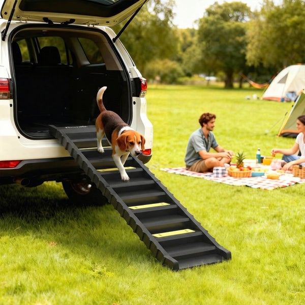 Hundetreppe für das Auto aus schwarzem Kunststoff, ein Beagle läuft die Rampe vom geöffneten Kofferraum herab.