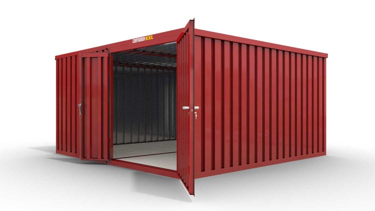 Lagercontainer Gerätehaus XL2  – 21 qm, H2150 x B5080 x T4340 mm, Außenwandlackierung RAL 3000 feuerrot, Dach außen verzinkt, mit Holzfußboden, 1830 mm Doppelflügeltür mittig in Modul D, montiert