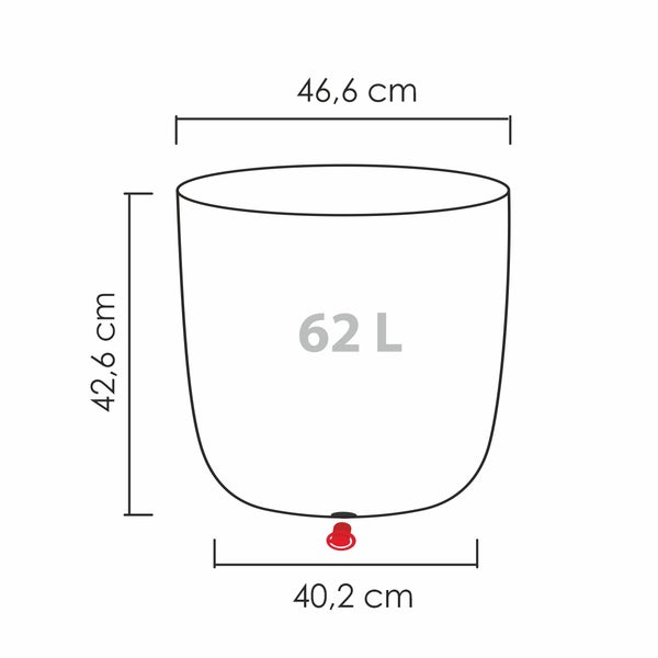 Strichzeichnung eines Pflanzgefäßes mit Maßangaben von 46,6 cm Durchmesser, 42,6 cm Höhe und 40,2 cm Bodenbreite sowie 62 Liter Volumen