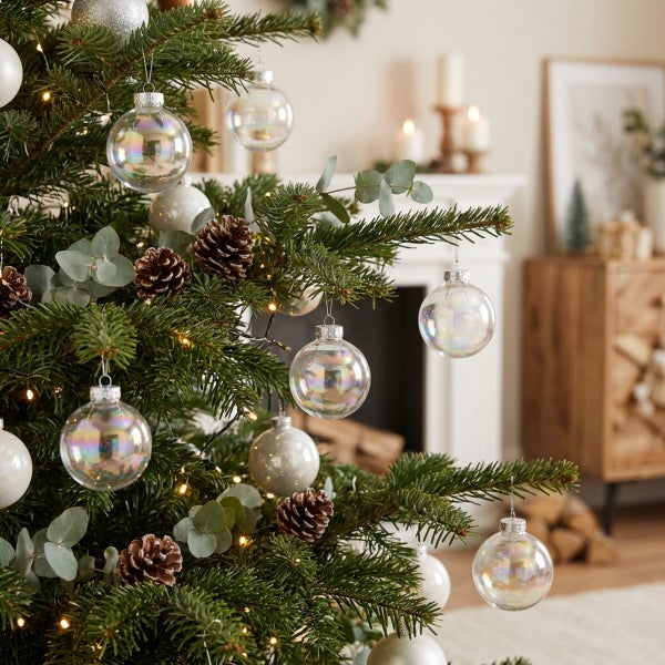 Weihnachtsbaum geschmückt mit irisierenden Glaskugeln, Tannenzapfen und Eukalyptuszweigen vor einem gemütlichen Wohnzimmerkamin.