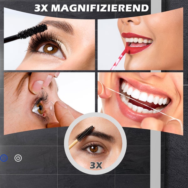 kleankin LED Badezimmerspiegel, Badspiegel mit 3x Vergrößerung, 80 x 60 cm Wandspiegel mit Touch-Funktion, Memory-Funktion, beschlagfreier Lichtspiegel mit 3 Lichtfarben