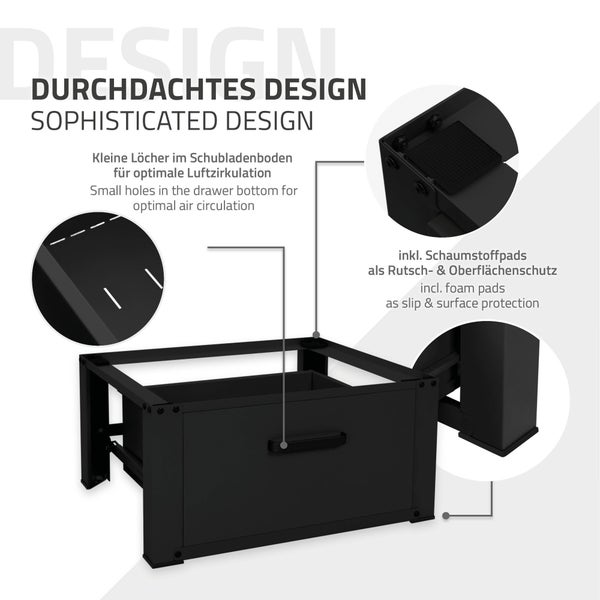 ML-Design Waschmaschinen Untergestell mit Schublade 63x54cm Stahl Schwarz bis 150kg, Waschmaschinen-Unterschrank, Stabiler Waschmaschinensockel, H=31,5cm Podest Erhöhung Unterbau Trockner/Kühlschrank