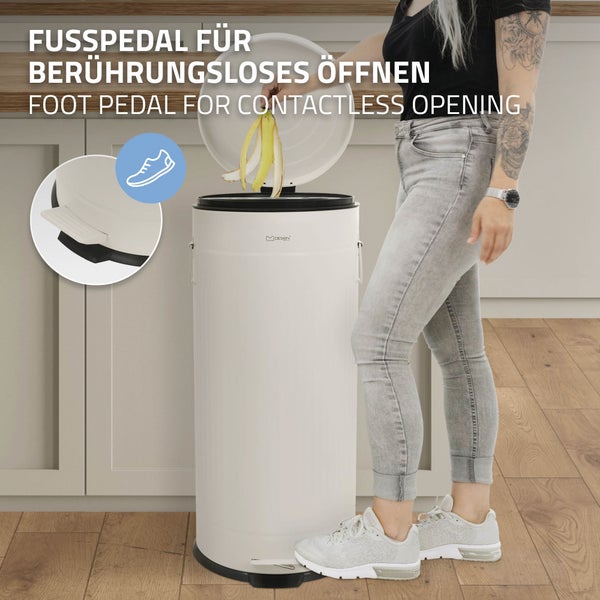 Runder Treteimer aus Metall mit Fußpedal zum berührungslosen Öffnen, Design Logo, Einsatz in der Küche zur Abfallentsorgung.