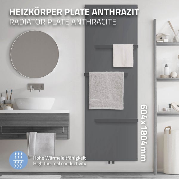 ML-Design Badheizkörper 1800x604 mm Anthrazit + 3x Handtuchhalter, Flach Einlagig Design Heizkörper Mittelanschluss Vertikal Planheizkörper Vertikalheizkörper Paneelheizkörper Flachheizkörper Heizwand
