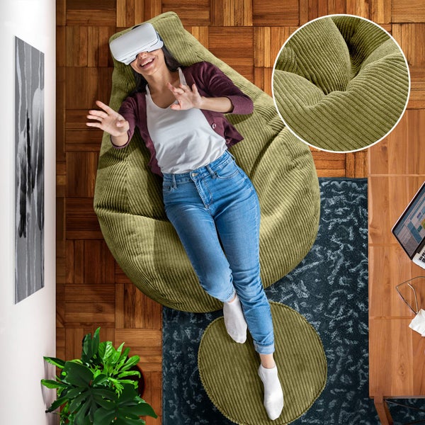 Green Bean Sitzsack mit Hocker aus Cord - Sitzsäcke für das Wohnzimmer, Schlafzimmer, Sitzsack-Sessel für Erwachsene Grün