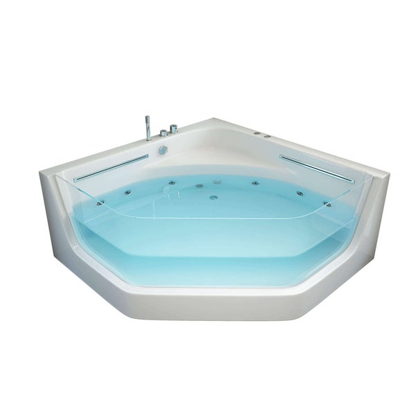 Eckwhirlpool mit Glasfront und integrierten Massagedüsen, modernes Design für Badezimmer.