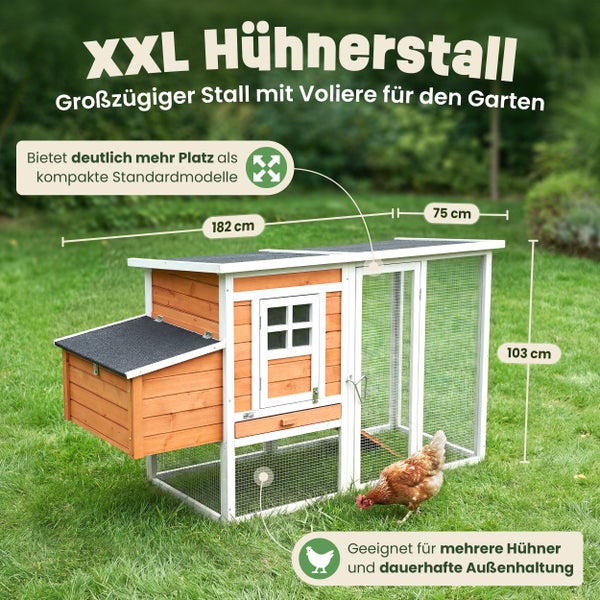 Stabiler Hühnerstall aus Holz mit integriertem Freilaufgehege auf einer Rasenfläche im Garten mit drei Hühnern.
