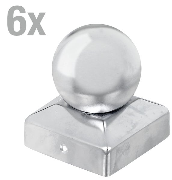Set aus sechs Pfostenkappen in Kugelform mit quadratischer Basis aus Metall für Zaunpfosten
