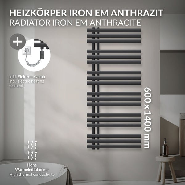 LuxeBath Elektrischer Badheizkörper Iron EM 600x1400 mm Anthrazit + Heizstab 900W mit Thermostat Touchbedienung, Handtuchheizkörper mit Heizpatrone, Handtuchwärmer Paneelheizkörper Designheizkörper