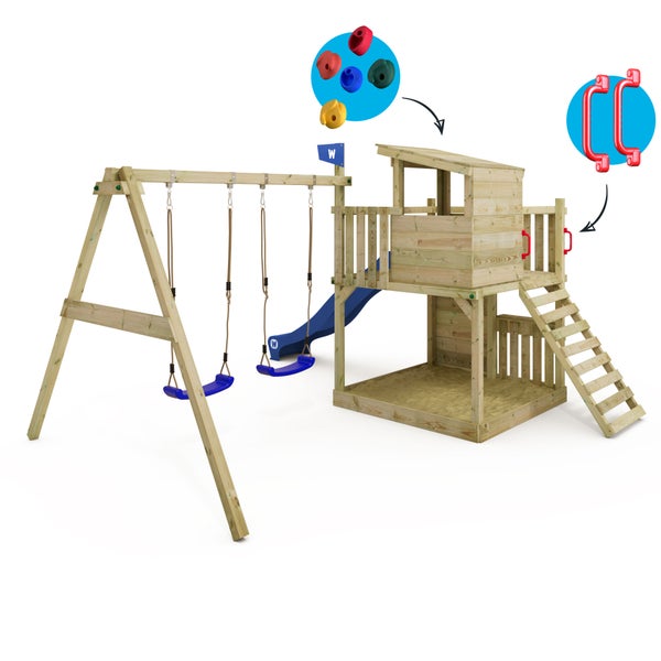 WICKEY Spielturm Klettergerüst Smart Cabin mit Schaukel und Rutsche, Stelzenhaus mit Sandkasten, Kletterwand und Spiel-Zubehör - blau