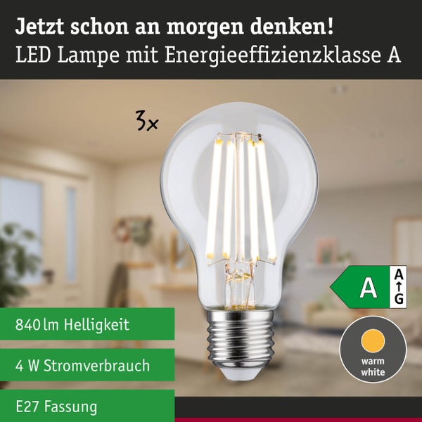 Dreierpack E27 LED Filament Lampen mit 840 Lumen Helligkeit, 4 Watt Stromverbrauch, warmweißem Licht und Energieeffizienzklasse A.