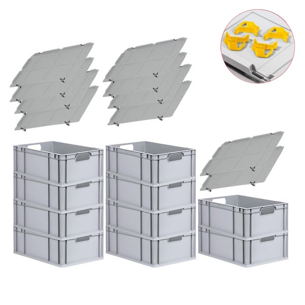 PROREGAL Spar Set 10x Eurobox Nextgen Economy Mit Auflagedeckel & 4x Schiebeschnappverschlüsse Gelb Griffe Offen HxBxT 22 x 40 x 60 cm 44 Liter