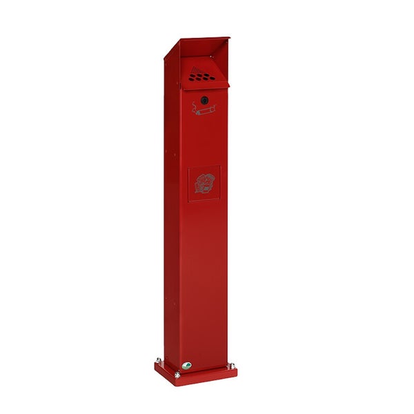 Roter Standascher aus Metall mit Regenschutzdach und Schloss zur Bodenmontage.