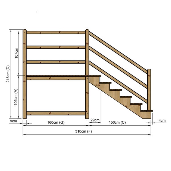 Technische Zeichnung einer Holztreppe mit Geländer und Maßangaben.