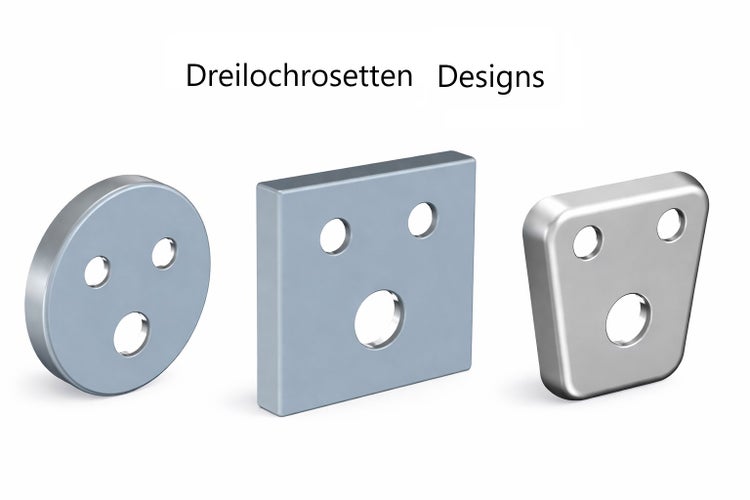 Verschiedene Designs von Dreilochrosetten in runder, quadratischer und trapezförmiger Ausführung.