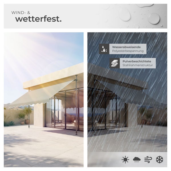 Wind- und wetterfeste Klemmmarkise auf einer Terrasse bei Sonne und Regen, mit wasserabweisendem Polyesterstoff und pulverbeschichtetem Stahlrahmen.