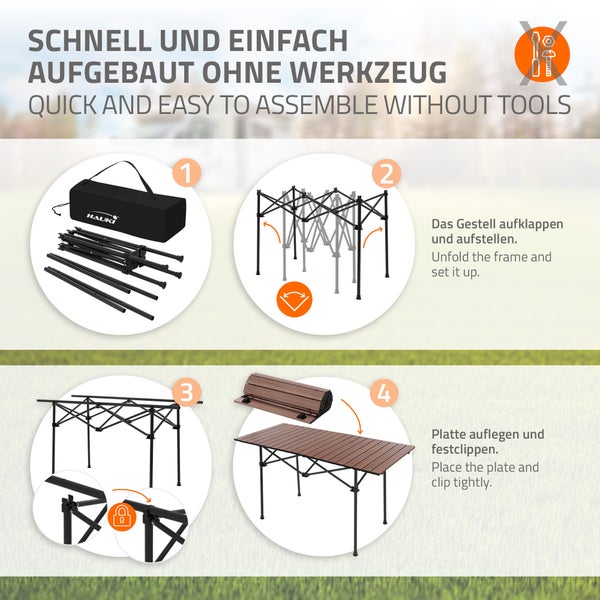 Hauki Campingtisch faltbar Braun, 118 x 55 x 64,5 cm, Aluminium Klapptisch, Aufrollbare Tischplatte, Falttisch klappbar, Gartentisch Balkontisch Reisetisch Rolltisch Markttisch inkl. Tragetasche