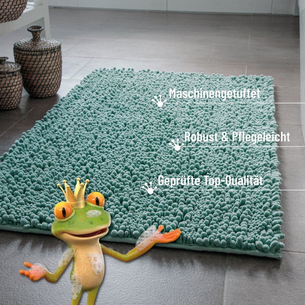 Maschinengetuftete, robuste und pflegeleichte Badematte geprüfter Top-Qualität mit Noppenstruktur im Bad mit Körben und Froschfigur.