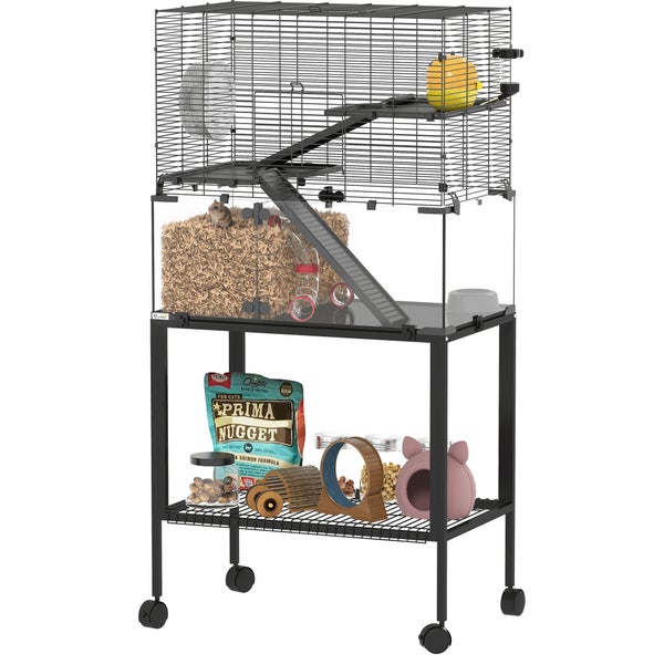 PawHut mehrstöckiger Kleintierkäfig aus Glas und Metall mit Rollen, Rampen, Laufrad und Zubehör für Hamster oder Mäuse.