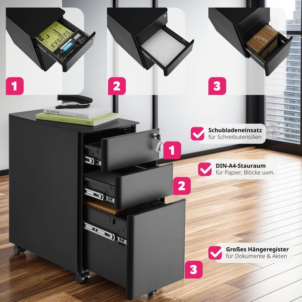 Aktenrollschrank tectake Parvus 30 x 50 x 59,5 cm aus pulverbeschichtetem Stahl schwarz