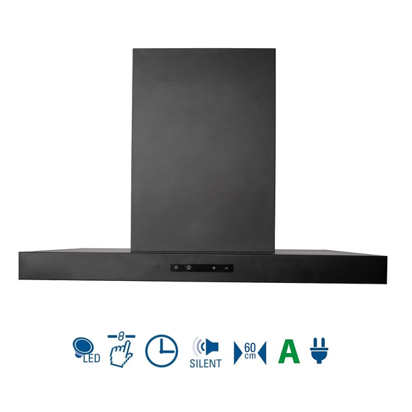 Wand-Dunstabzugshaube in Schwarz, 60 Zentimeter breit, Energieeffizienzklasse A, LED-Beleuchtung, Touch-Steuerung, Timer, leiser Betrieb, Netzstecker.