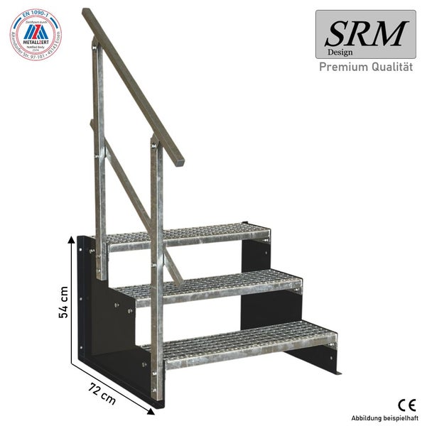 SRM Design Logo. Dreistufige Metall-Außentreppe mit Gitterroststufen und Geländer. Höhe 54 Zentimeter, Tiefe 72 Zentimeter. Europäischer Standard.