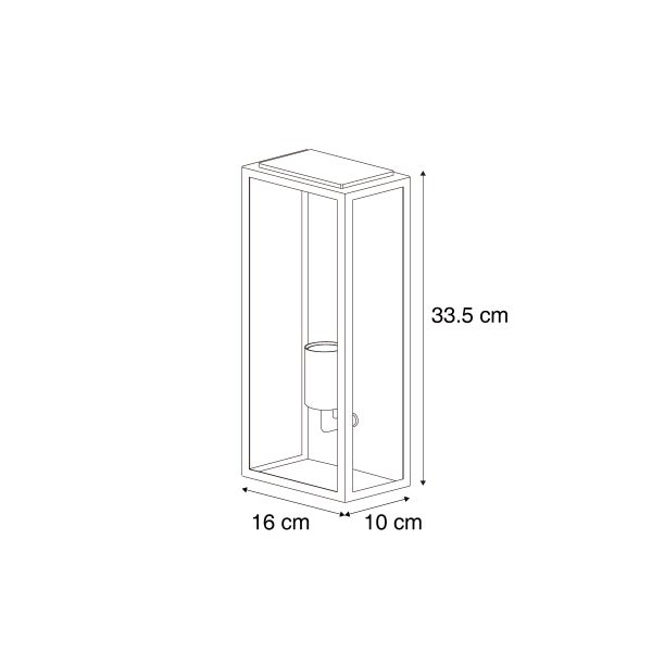 Maßzeichnung einer rechteckigen Außenwandleuchte mit 33,5 Zentimetern Höhe, 16 Zentimetern Breite und 10 Zentimetern Tiefe.