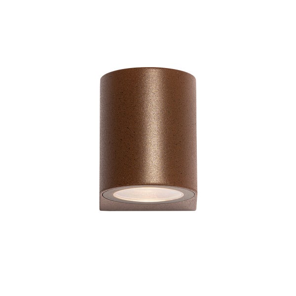 Zylindrische Außenwandleuchte in Bronze mit Lichtaustritt nach unten.